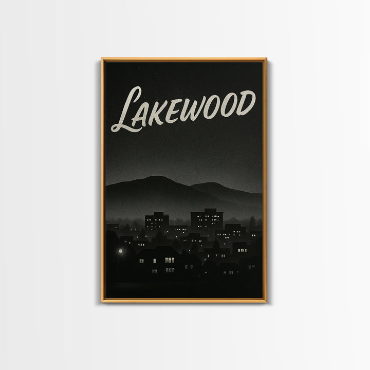 Lakewood Travel Poster, Framed Canvas Print, Night Street Poster Art, Lakewood Travel Art, Living Room Wall Art, Mid Century Wall Art