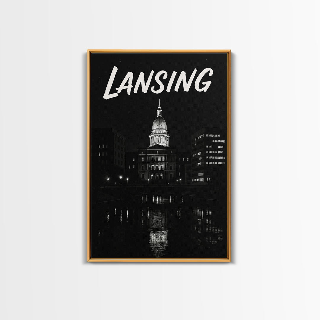 Lansing Michigan Travel Poster, Canvas Print, Dark Moody City Wall Art, Lansing City Art, Travel Poster Set, Travel Art Print, Wall Art