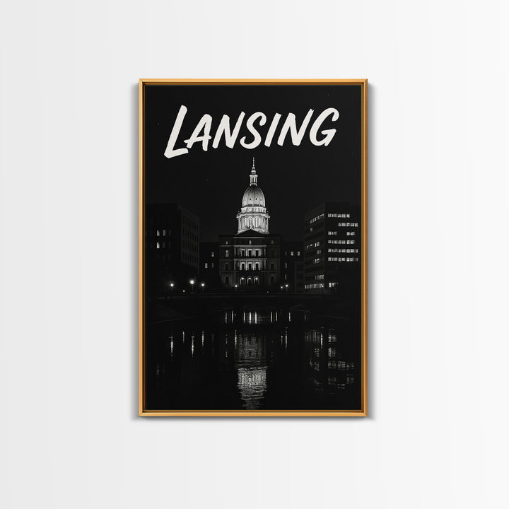 Lansing Michigan Travel Poster, Canvas Print, Dark Moody City Wall Art, Lansing City Art, Travel Poster Set, Travel Art Print, Wall Art