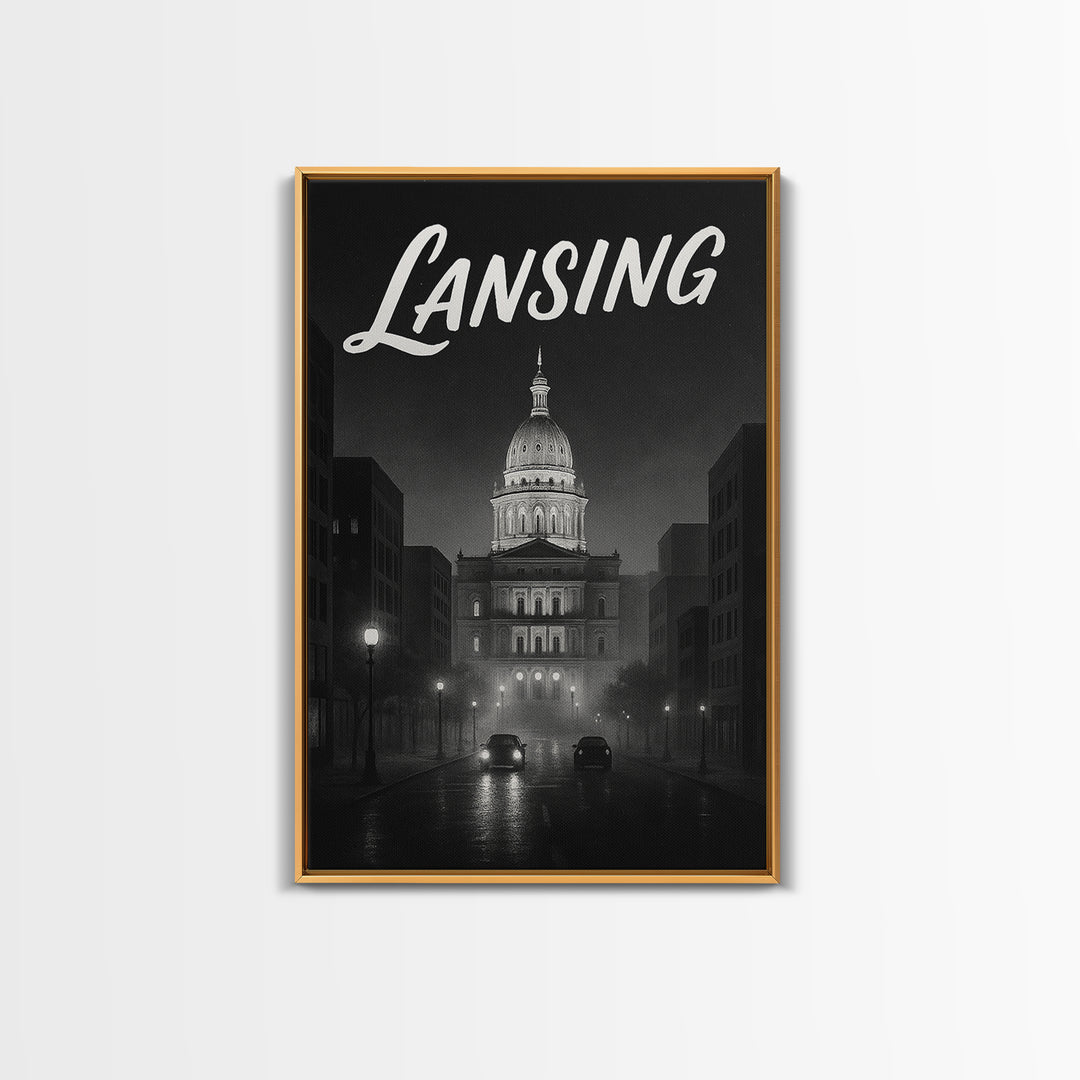 Lansing Travel Poster, Framed Canvas Print, Black And White Travel Art, Lansing Poster Print, Vintage City Art, Living Room Wall Art