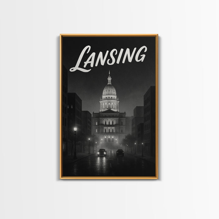 Lansing Travel Poster, Framed Canvas Print, Black And White Travel Art, Lansing Poster Print, Vintage City Art, Living Room Wall Art