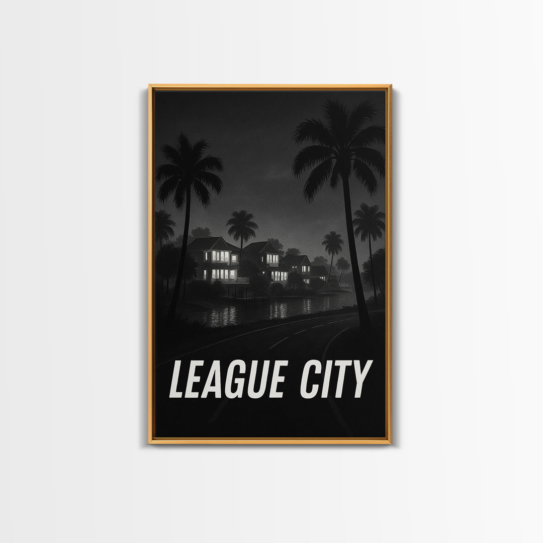 League City Texas Travel Poster, Framed Canvas Print, Night Street Poster Art, League City Art Print, Retro Travel Print, Travel Wall Art