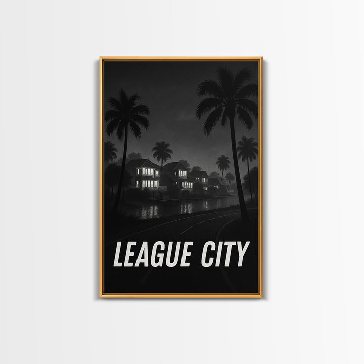 League City Texas Travel Poster, Framed Canvas Print, Night Street Poster Art, League City Art Print, Retro Travel Print, Travel Wall Art
