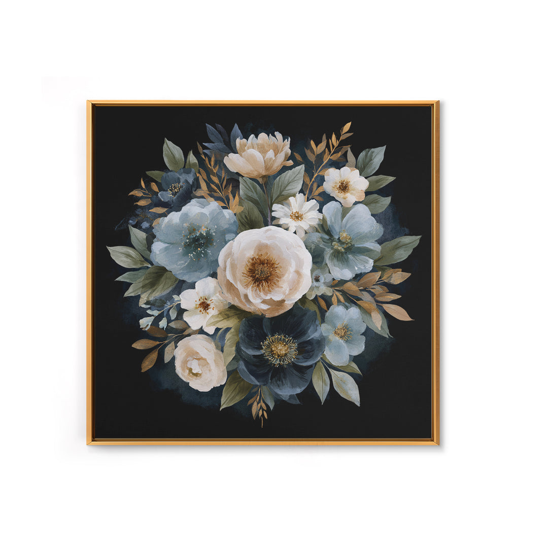 Moody Dark Background Bouquet for Formal Dining Framed Canvas Print, Dining Room Art, Kitchen Decor, Dining Room Decor, Dining, DRA-1x1-11