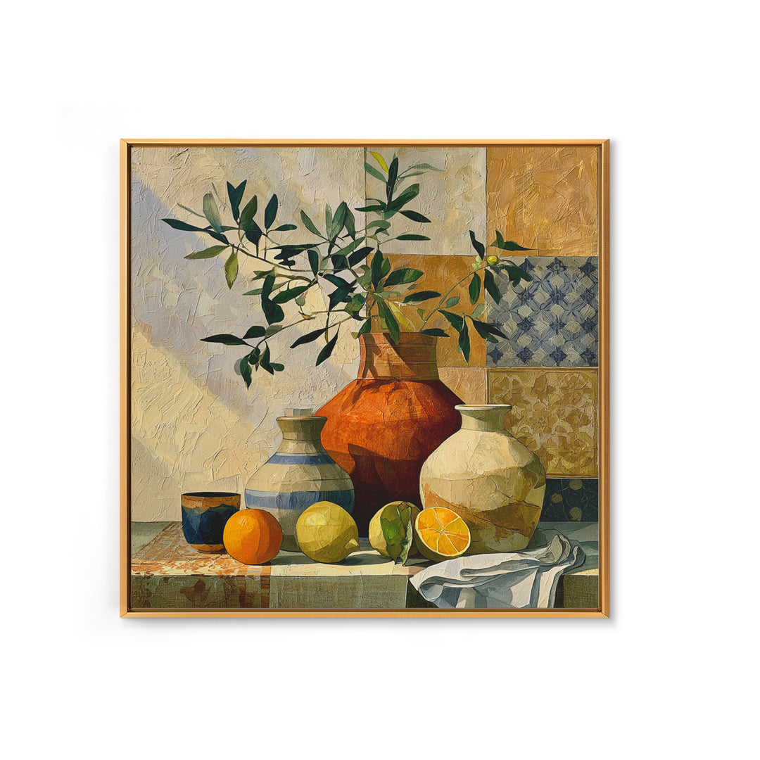 Mediterranean Olive Branch and Citrus Arrangement Framed Canvas Print, Dining Room Art, Print, Dining Room Decor, Oil Painting, DRA-1x1-12