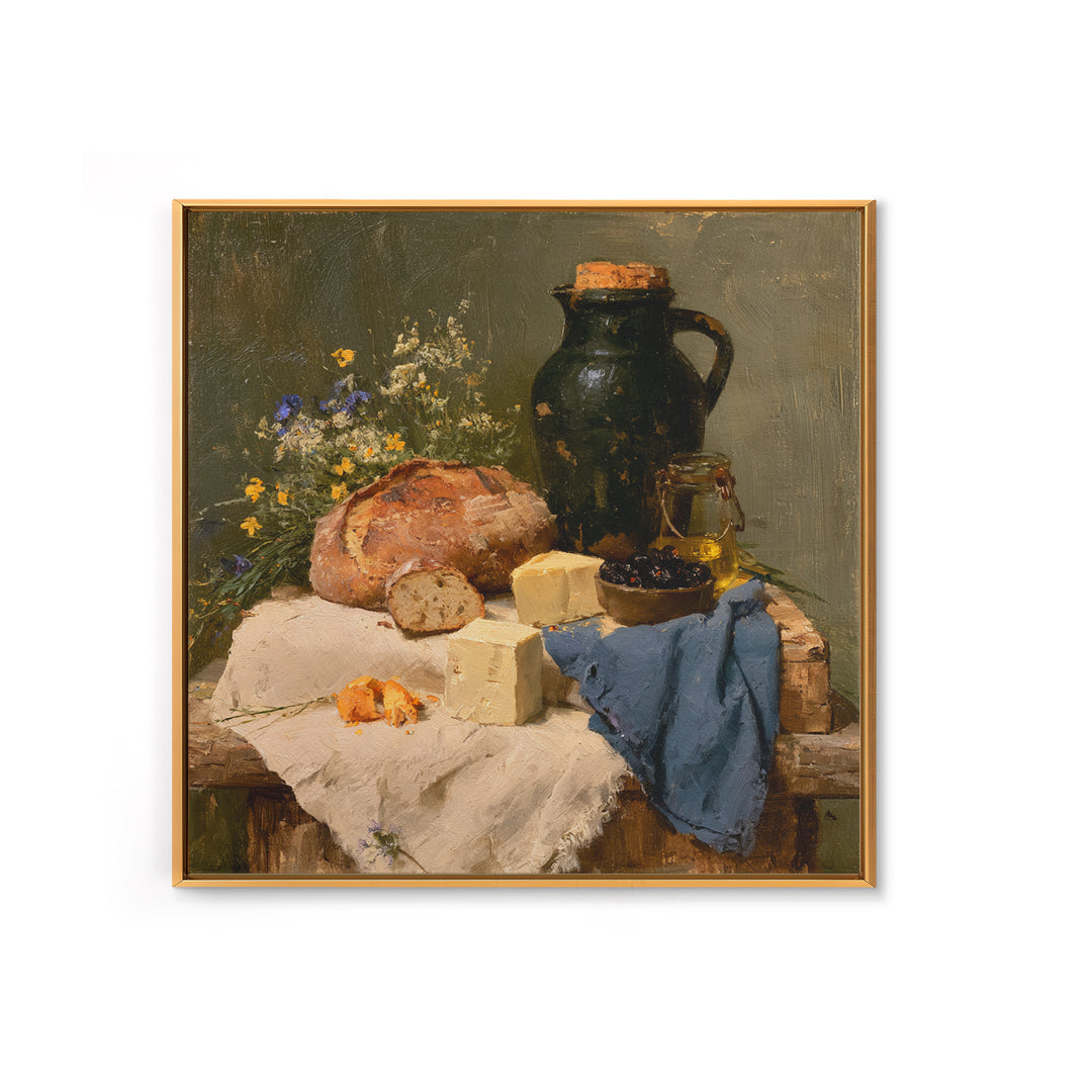 Rustic Bread Olives and Cheese Still Life Canvas Print, Dining Room Art, 3 Piece Wall Art, Dining Room Decor, Oil Painting, DRA-1x1-30
