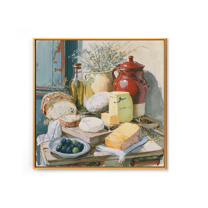 Rustic Bread Olives and Cheese Still Life Canvas Print, Dining Room Art, 3 Piece Wall Art, Dining Room Decor, Oil Painting, DRA-1x1-54