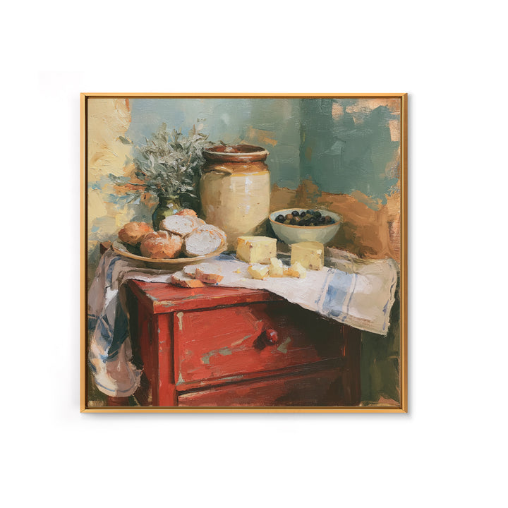 Rustic Bread Olives and Cheese Still Life Canvas Print, Dining Room Art, Living Room Decor, Dining Room Decor, Dining, DRA-1x1-6