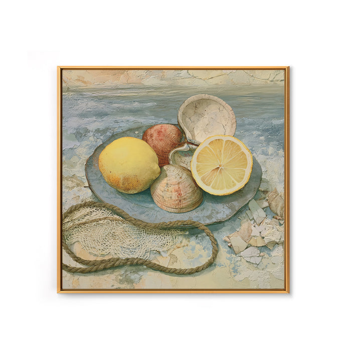 Shellfish and Lemon Still Life Framed Canvas Print, Dining Room Art, Abstract Wall Art, Dining Room Decor, Fine Art, Dining, DRA-1x1-64
