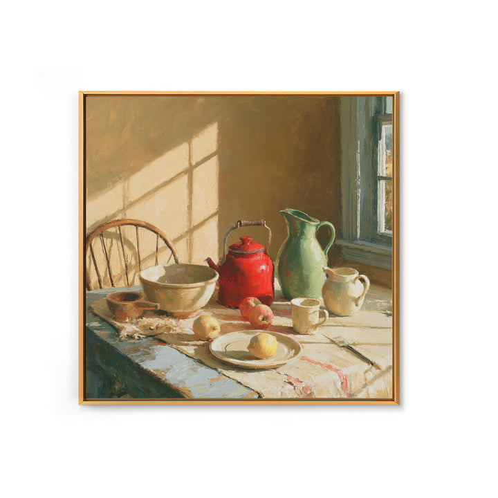 Sunlit Farmhouse Table Objects Without Room View Canvas Print, Dining Room Art, Coastal Wall Art, Dining Room Decor, Dining, DRA-1x1-65