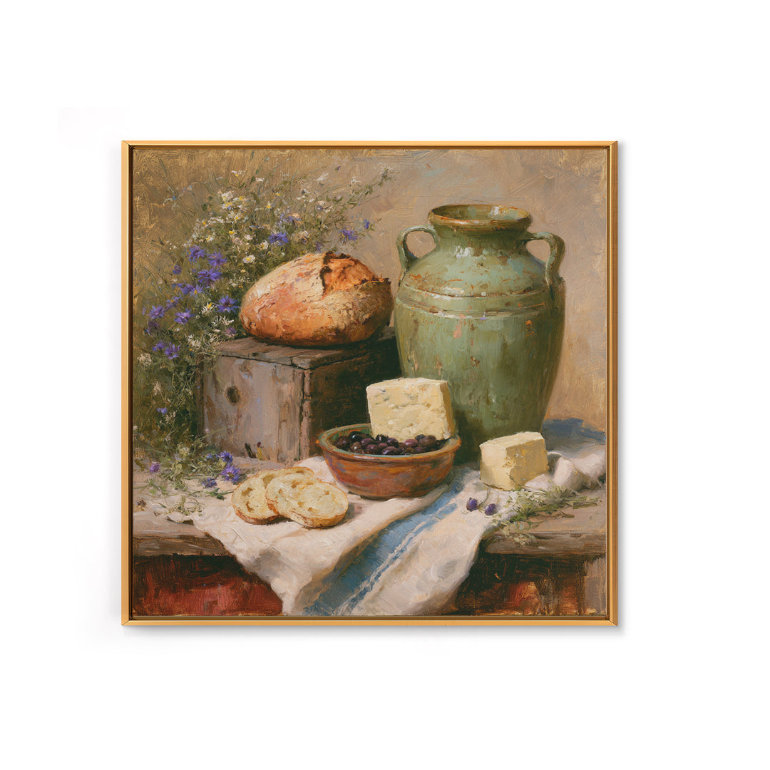 Rustic Bread Olives and Cheese Still Life Framed Canvas Print, Dining Room Art, Kitchen Prints, Dining Room Decor, Dining, DRA-1x1-78