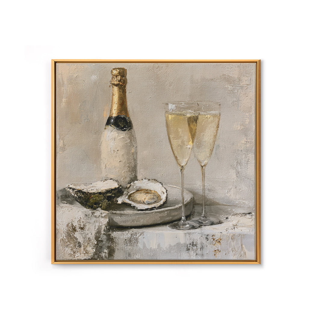 Elegant Oyster and Champagne Still Life Framed Canvas Print, Dining Room Art, Dining Room Decor, Oil Painting, Dining, DRA-1x1-79
