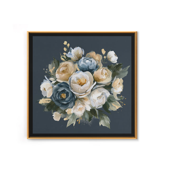 Moody Dark Background Bouquet for Formal Dining Framed Canvas Print, Dining Room Art, Neutral Decor, Dining Room Decor, Dining, DRA-1x1-83