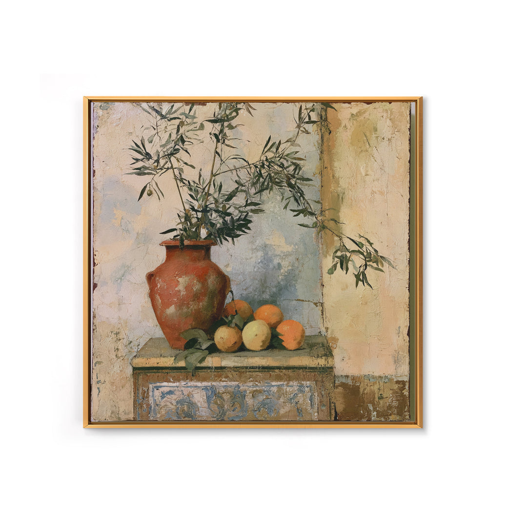 Mediterranean Olive Branch and Citrus Arrangement Canvas Print, Dining Room Art, Coastal Decor, Dining Room Decor, Dining, DRA-1x1-84