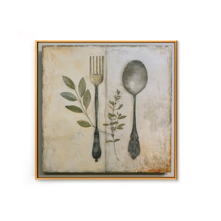 Minimal Fork Spoon and Herb Composition Canvas Print, Dining Room Art, Coastal Wall Art, Dining Room Decor, Fine Art, Dining, DRA-1x1-94