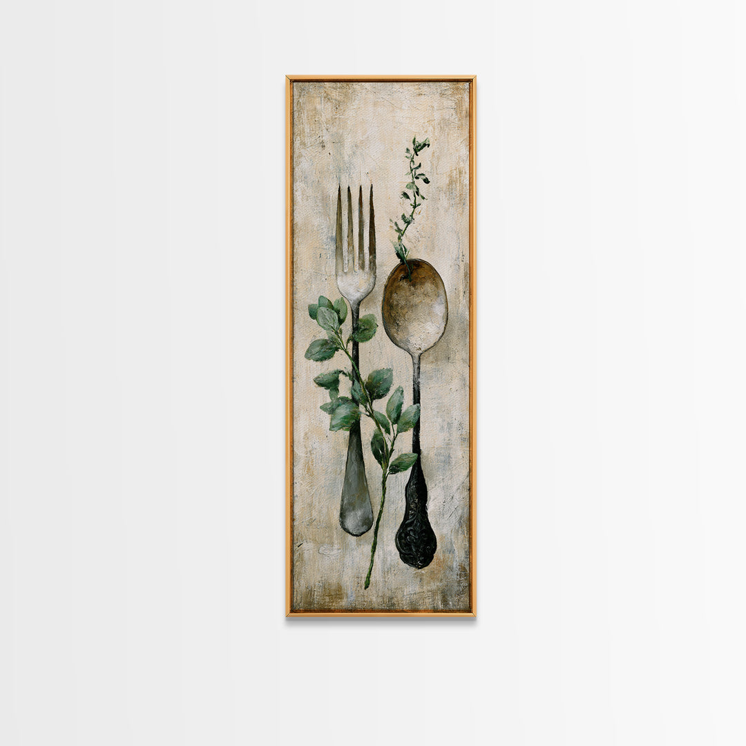 Minimal Fork Spoon and Herb Composition Canvas Print, Dining Room Art, Kitchen Art, Dining Room Decor, Fine Art, Dining, DRA-1x3-10