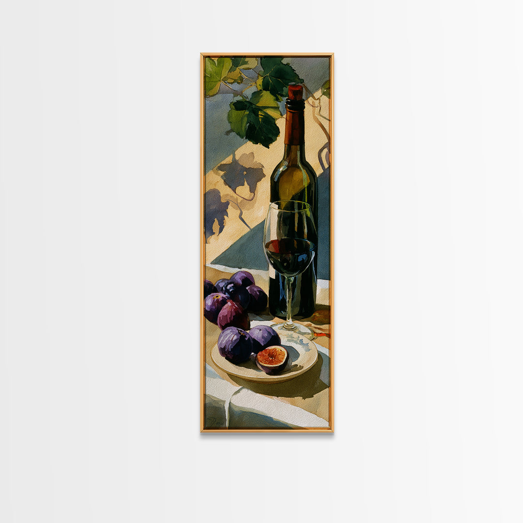 Wine Bottle and Figs on a Linen Framed Canvas Print, Dining Room Art, Statement Artwork, Dining Room Decor, Fine Art, Dining, DRA-1x3-15