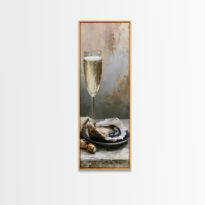 Elegant Oyster and Champagne Still Life Framed Canvas Print, Dining Room Art, Boho Decor, Dining Room Decor, Fine Art, Dining, DRA-1x3-19