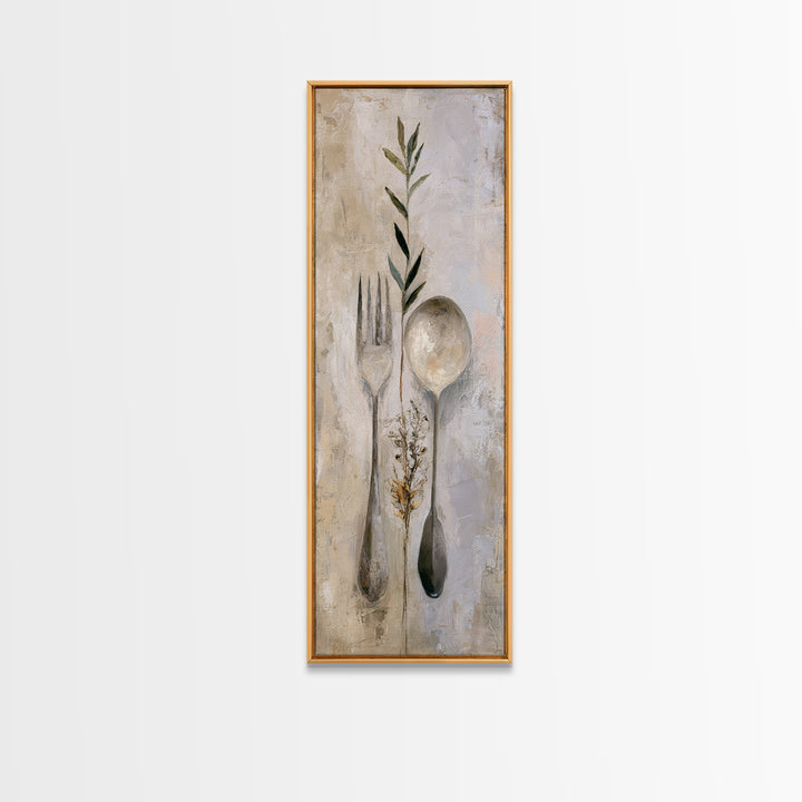 Minimal Fork Spoon and Herb Composition Canvas Print, Dining Room Art, Bedroom Wall Art, Dining Room Decor, Dining, DRA-1x3-34