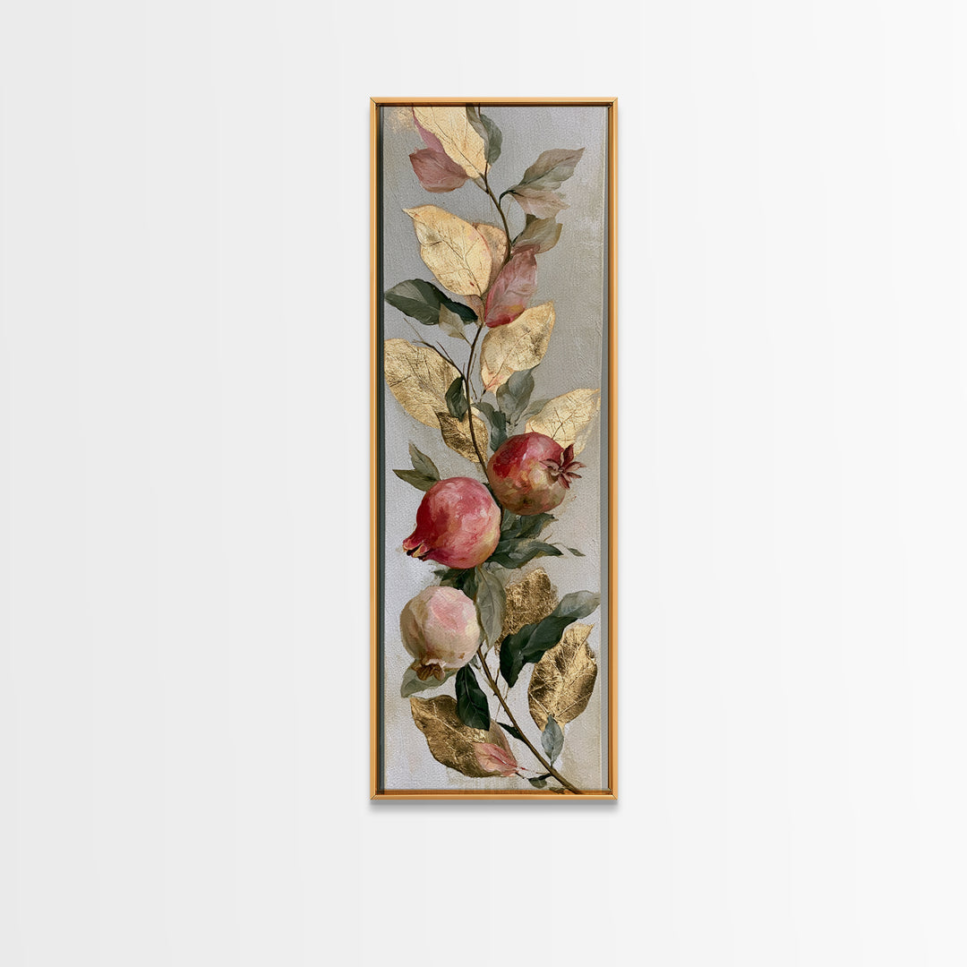 Pomegranate and Gold Leaf Botanical Study Canvas Print, Dining Room Art, Statement Artwork, Dining Room Decor, Oil Painting, DRA-1x3-44