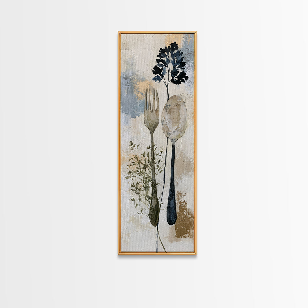 Minimal Fork Spoon and Herb Composition Canvas Print, Dining Room Art, Bedroom Wall Art, Dining Room Decor, Dining, DRA-1x3-58
