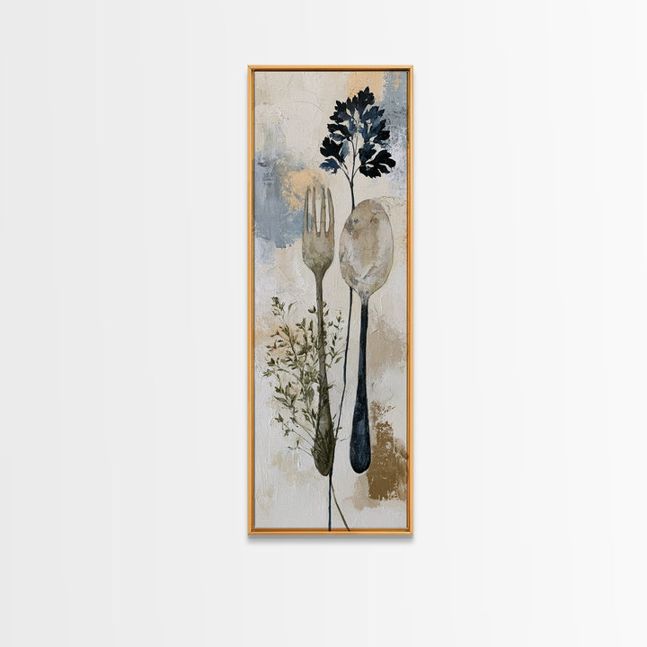 Minimal Fork Spoon and Herb Composition Canvas Print, Dining Room Art, Bedroom Wall Art, Dining Room Decor, Dining, DRA-1x3-58