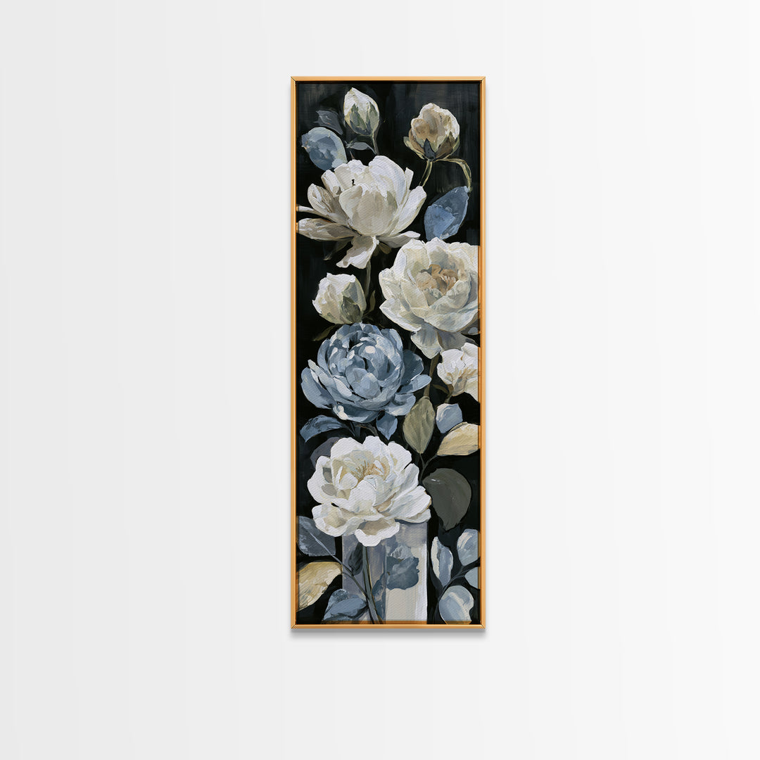 Moody Dark Background Bouquet for Formal Dining Framed Canvas Print, Dining Room Art, Kitchen Decor, Dining Room Decor, Dining, DRA-1x3-71