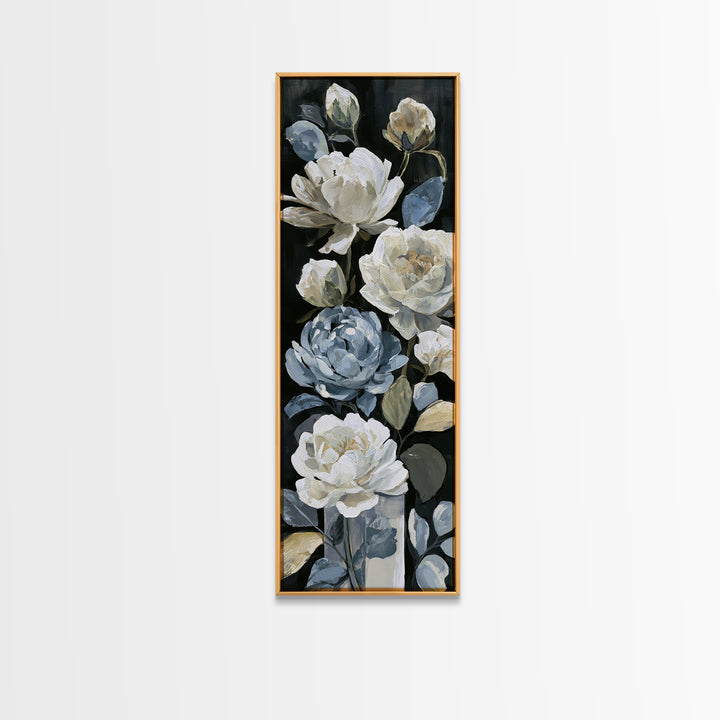 Moody Dark Background Bouquet for Formal Dining Framed Canvas Print, Dining Room Art, Kitchen Decor, Dining Room Decor, Dining, DRA-1x3-71