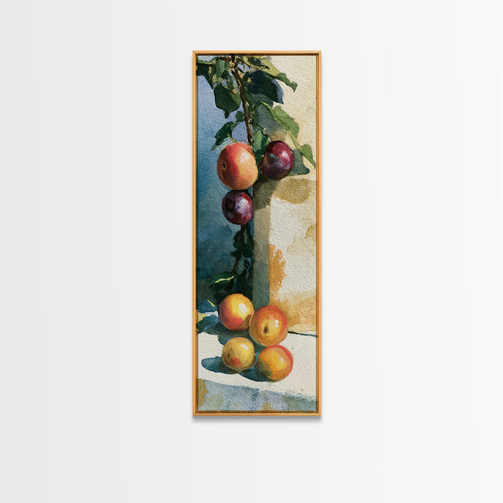 Peach and Plum Still Life Framed Canvas Print, Dining Room Art, Large Wall Art, Dining Room Decor, Dining, Watercolor Painting, DRA-1x3-80