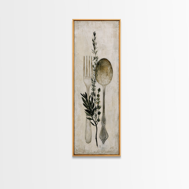 Minimal Fork Spoon and Herb Composition Canvas Print, Dining Room Art, Coastal Decor, Dining Room Decor, Oil Painting, Dining, DRA-1x3-82