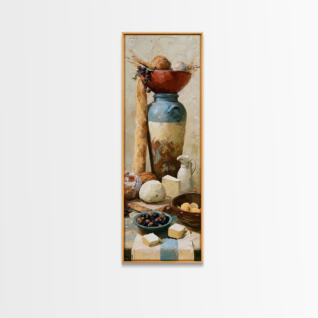 Rustic Bread Olives and Cheese Still Life Canvas Print, Dining Room Art, Modern Decor, Dining Room Decor, Oil Painting, Dining, DRA-1x3-90