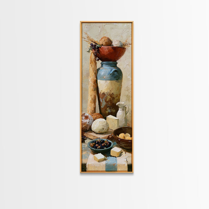 Rustic Bread Olives and Cheese Still Life Canvas Print, Dining Room Art, Modern Decor, Dining Room Decor, Oil Painting, Dining, DRA-1x3-90