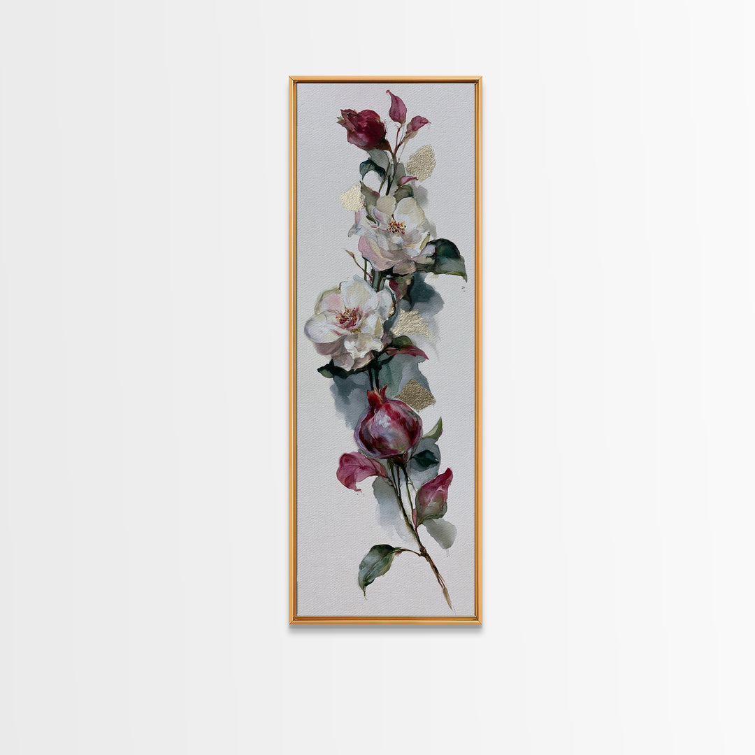Pomegranate and Gold Leaf Botanical Study Framed Canvas Print, Dining Room Art, Canvas Art, Dining Room Decor, Fine Art, Dining, DRA-1x3-92
