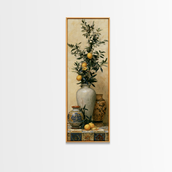 Mediterranean Olive Branch and Citrus Arrangement Canvas Print, Dining Room Art, Bedroom Decor, Dining Room Decor, Dining, DRA-1x3-96