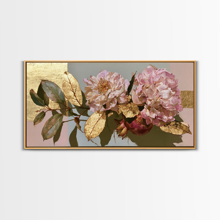 Pomegranate and Gold Leaf Botanical Study Canvas Print, Dining Room Art, Bedroom Wall Art, Dining Room Decor, Dining, DRA-2x1-100