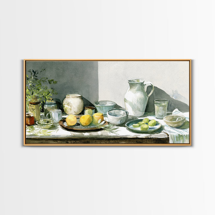 Sunlit Farmhouse Table Objects Without Room View Framed Canvas Print, Dining Room Art, Boho Decor, Dining Room Decor, Dining, DRA-2x1-13