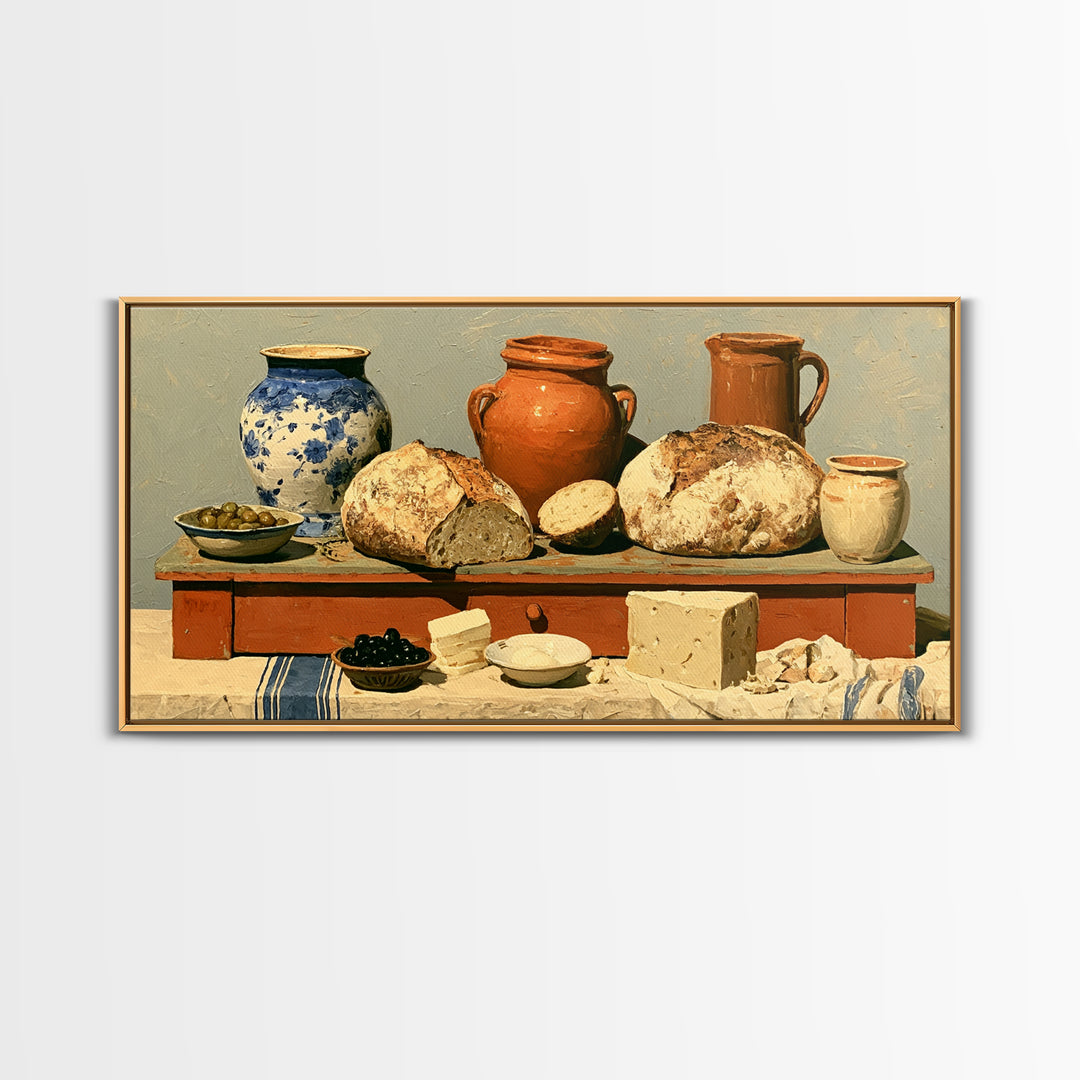 Rustic Bread Olives and Cheese Still Life Canvas Print, Dining Room Art, Neutral Decor, Dining Room Decor, Abstract Art, Dining, DRA-2x1-2