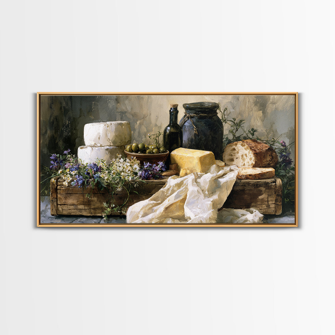 Rustic Bread Olives and Cheese Still Life Canvas Print, Dining Room Art, Neutral Decor, Dining Room Decor, Abstract Art, Dining, DRA-2x1-26