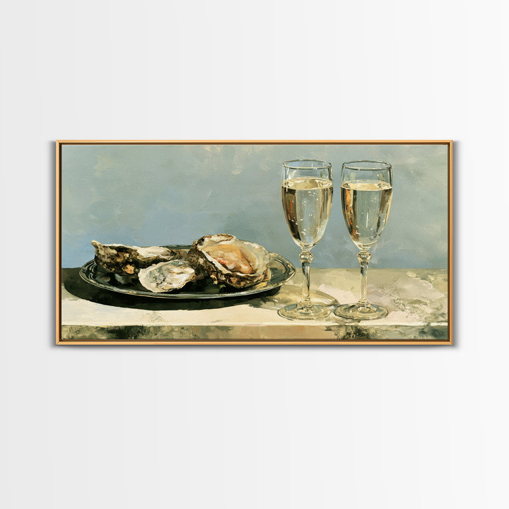 Elegant Oyster and Champagne Still Life Framed Canvas Print, Dining Room Art, Dining Room Decor, Oil Painting, Dining, DRA-2x1-27