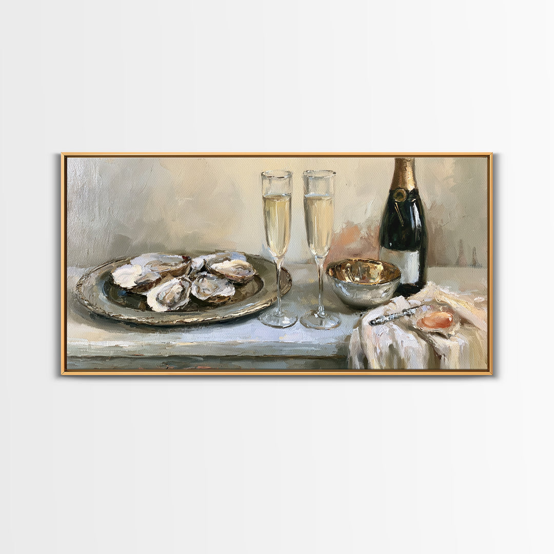 Elegant Oyster and Champagne Still Life Framed Canvas Print, Dining Room Art, Bedroom Decor, Dining Room Decor, Dining, DRA-2x1-3