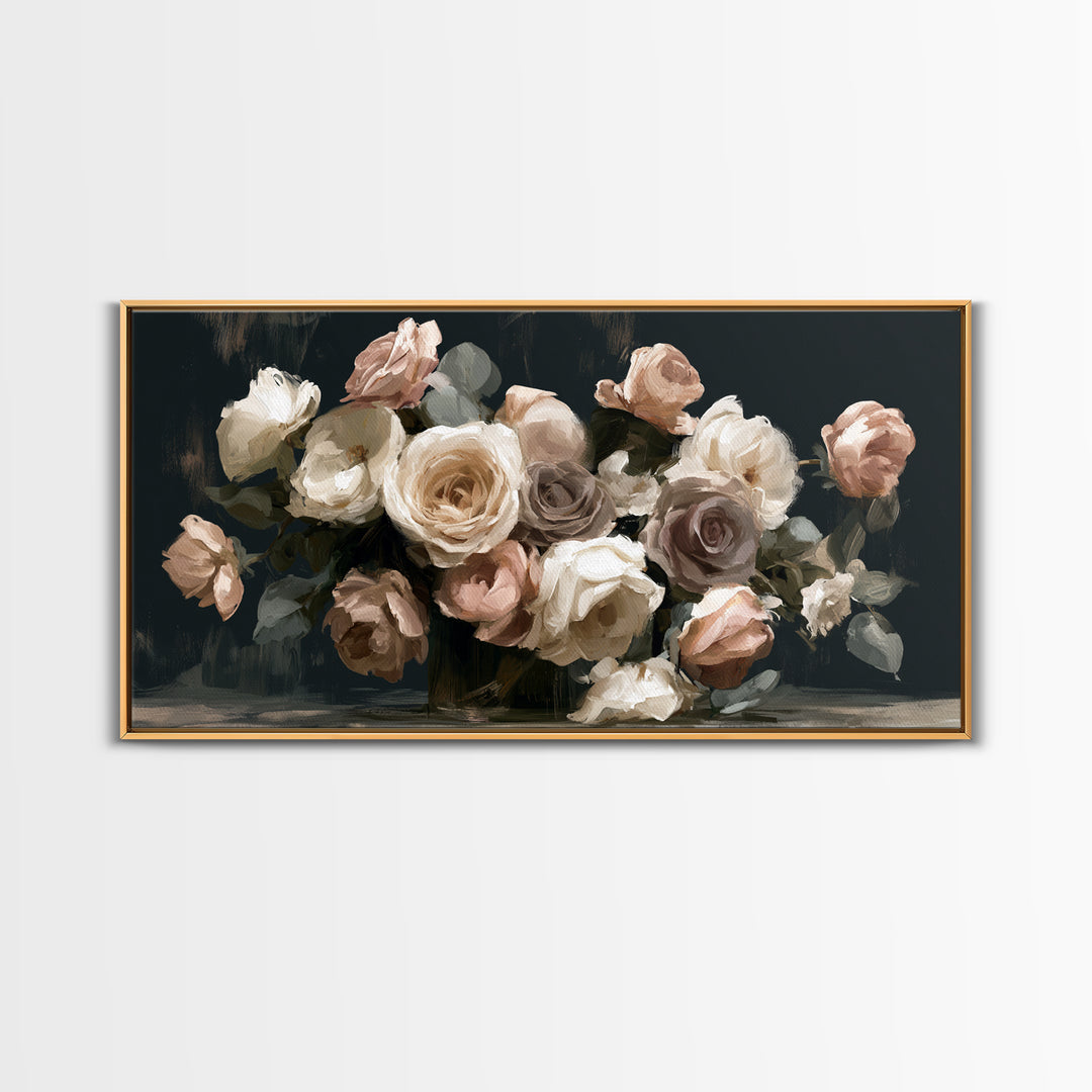 Moody Dark Background Bouquet for Formal Dining Canvas Print, Dining Room Art, Large Wall Art, Dining Room Decor, Dining, DRA-2x1-31