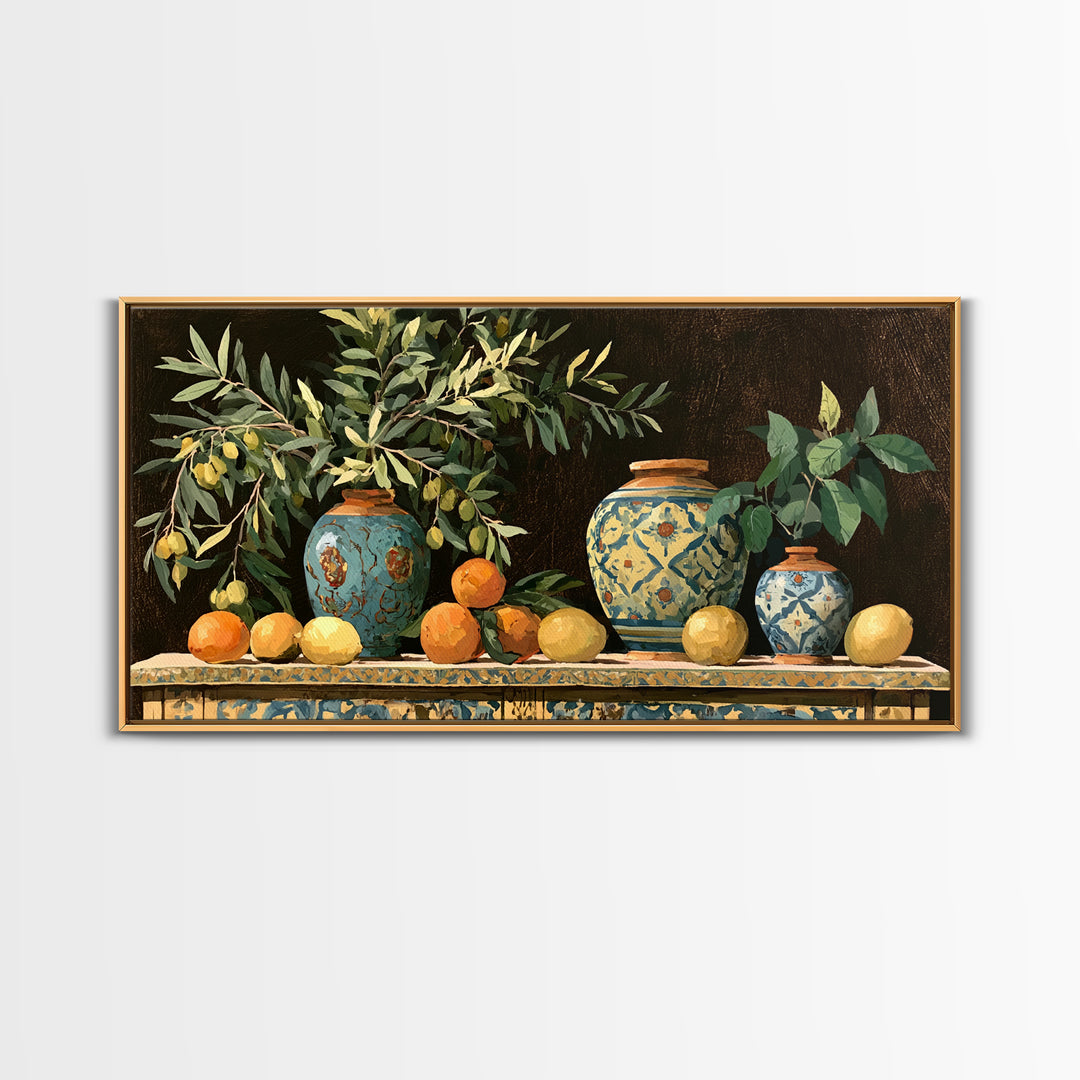 Mediterranean Olive Branch and Citrus Arrangement Canvas Print, Dining Room Art, Minimalist Decor, Dining Room Decor, Dining, DRA-2x1-32