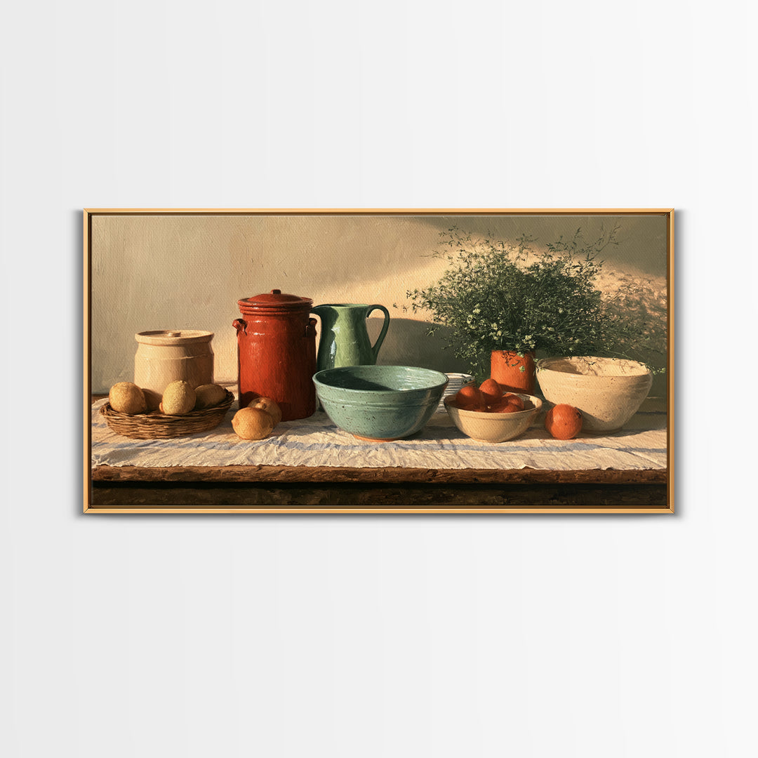 Sunlit Farmhouse Table Objects Without Room View Framed Canvas Print, Dining Room Art, Boho Decor, Dining Room Decor, Dining, DRA-2x1-37