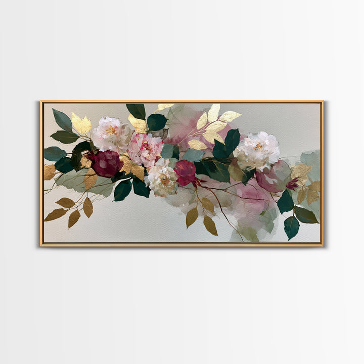 Pomegranate and Gold Leaf Botanical Study Canvas Print, Dining Room Art, Boho Decor, Dining Room Decor, Oil Painting, Dining, DRA-2x1-4