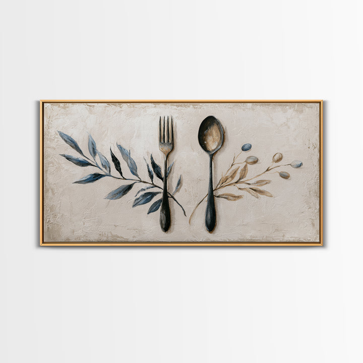 Minimal Fork Spoon and Herb Composition Framed Canvas Print, Dining Room Art, Gallery Decor, Dining Room Decor, Dining, DRA-2x1-42