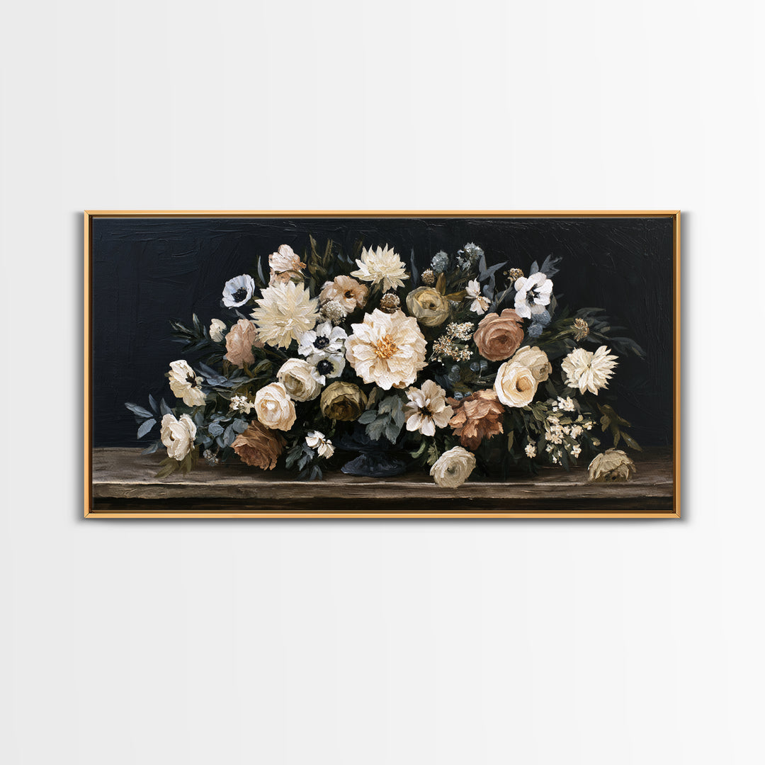 Moody Dark Background Bouquet for Formal Dining Canvas Print, Dining Room Art, Contemporary Art, Dining Room Decor, Dining, DRA-2x1-7