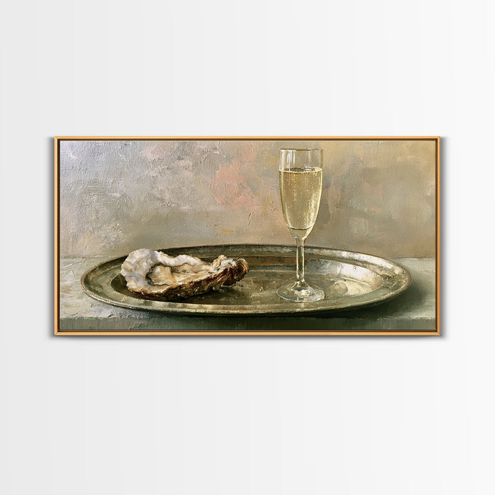 Elegant Oyster and Champagne Still Life Framed Canvas Print, Dining Room Art, Neutral Decor, Dining Room Decor, Dining, DRA-2x1-75
