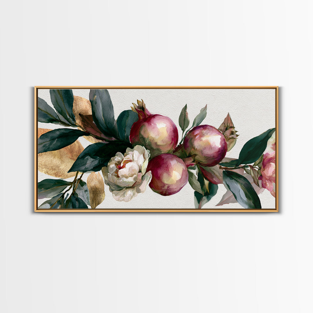Pomegranate and Gold Leaf Botanical Study Canvas Print, Dining Room Art, Kitchen Art, Dining Room Decor, Fine Art, Dining, DRA-2x1-76
