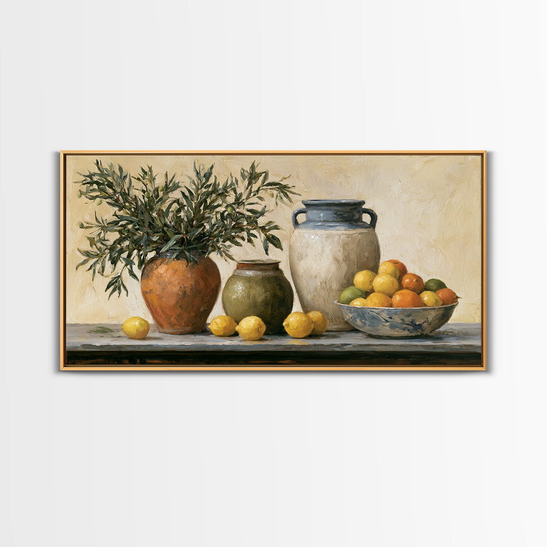 Mediterranean Olive Branch and Citrus Arrangement Canvas Print, Dining Room Art, Living Room Decor, Dining Room Decor, Dining, DRA-2x1-80