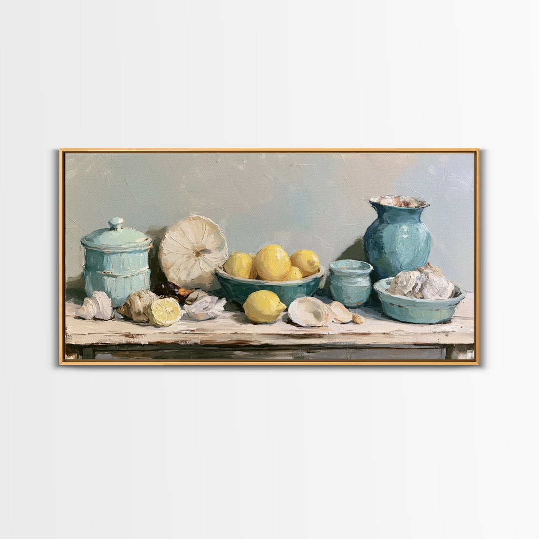 Shellfish and Lemon Still Life Framed Canvas Print, Dining Room Art, Abstract Wall Art, Dining Room Decor, Fine Art, Dining, DRA-2x1-84